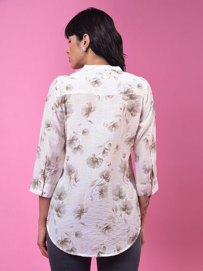 Off White Floral Print V-Neck 3/4th Sleeves Top-Women Tops-Crimsoune Club