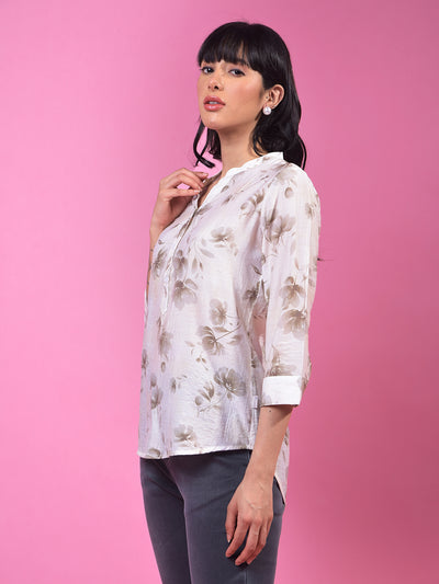 Off White Floral Print V-Neck 3/4th Sleeves Top-Women Tops-Crimsoune Club