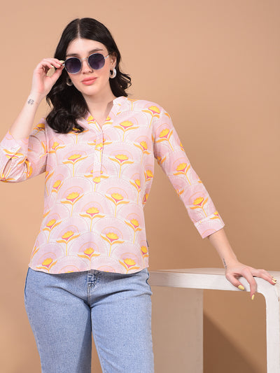 Women's Yellow Floral Print V-Neck Linen Top-Women Tops-Crimsoune Club