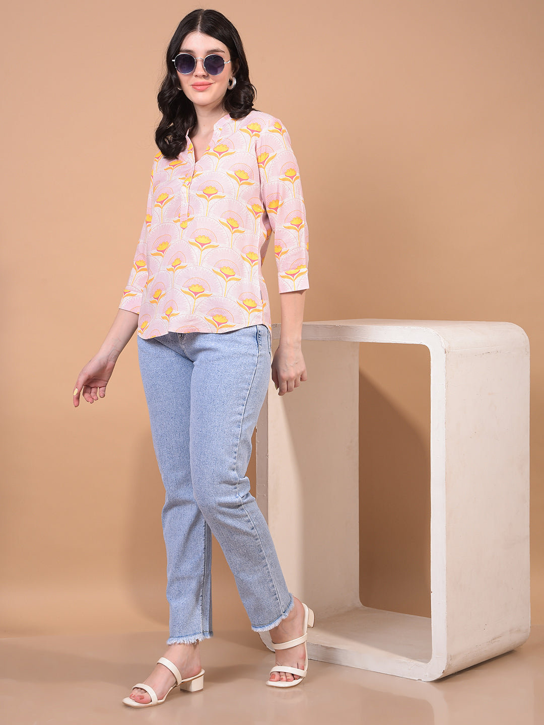 Women's Yellow Floral Print V-Neck Linen Top-Women Tops-Crimsoune Club