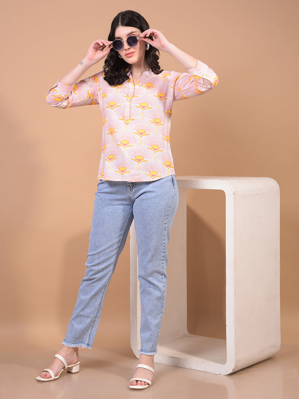 Women's Yellow Floral Print V-Neck Linen Top-Women Tops-Crimsoune Club