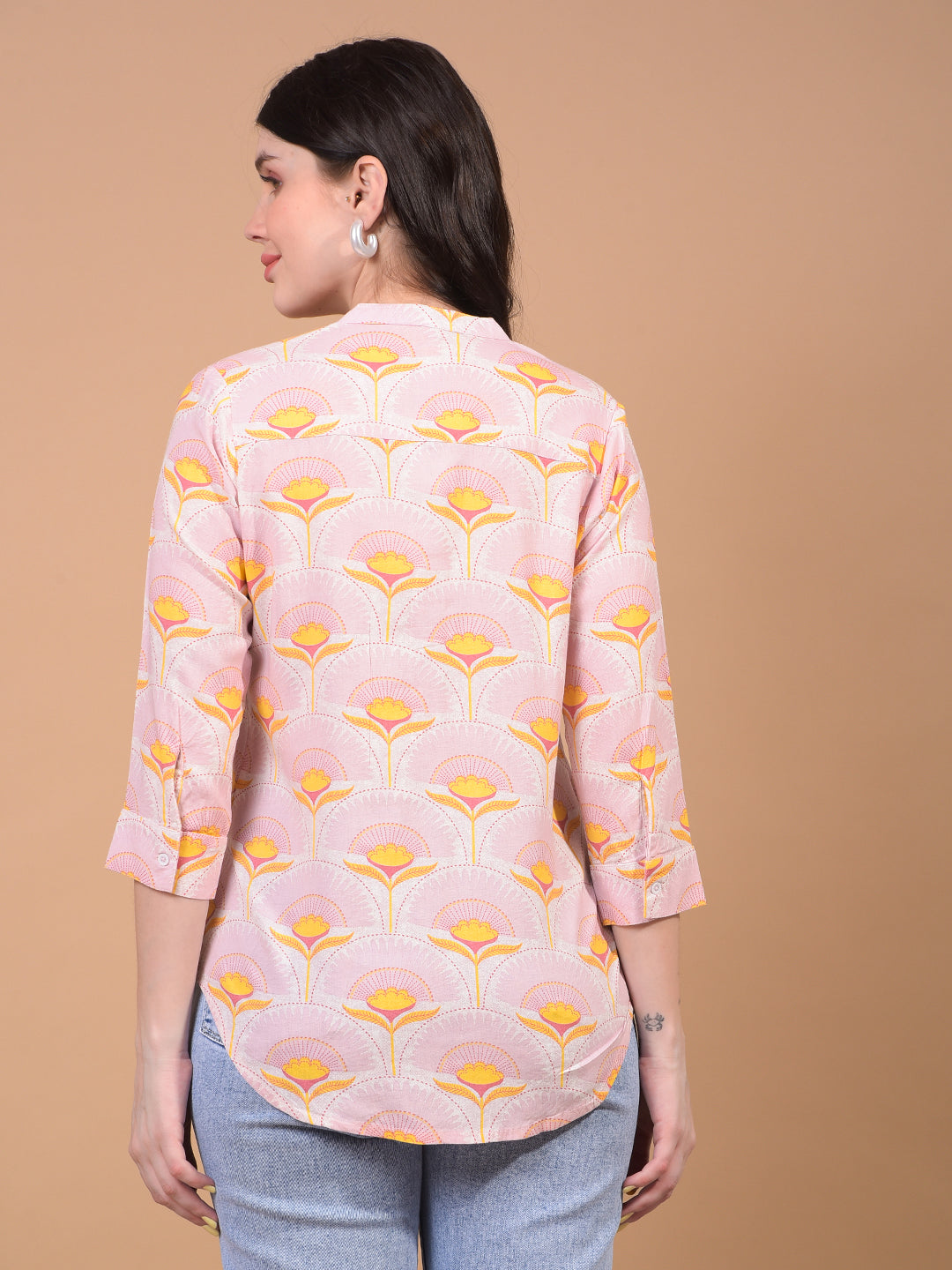 Women's Yellow Floral Print V-Neck Linen Top-Women Tops-Crimsoune Club