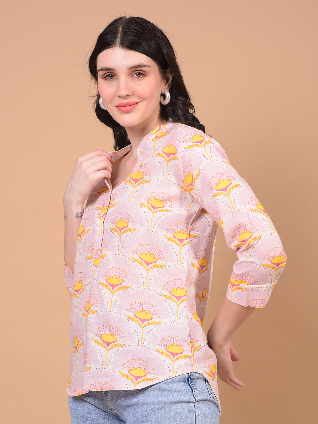 Women's Yellow Floral Print V-Neck Linen Top-Women Tops-Crimsoune Club