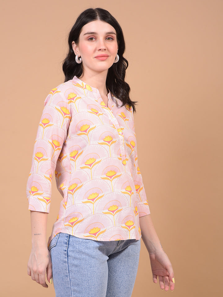 Women's Yellow Floral Print V-Neck Linen Top-Women Tops-Crimsoune Club