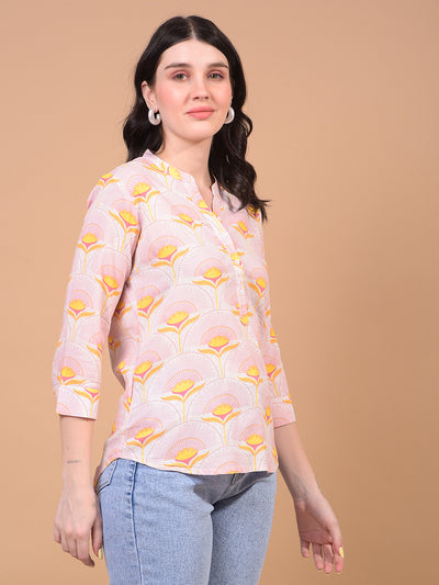 Women's Yellow Floral Print V-Neck Linen Top-Women Tops-Crimsoune Club