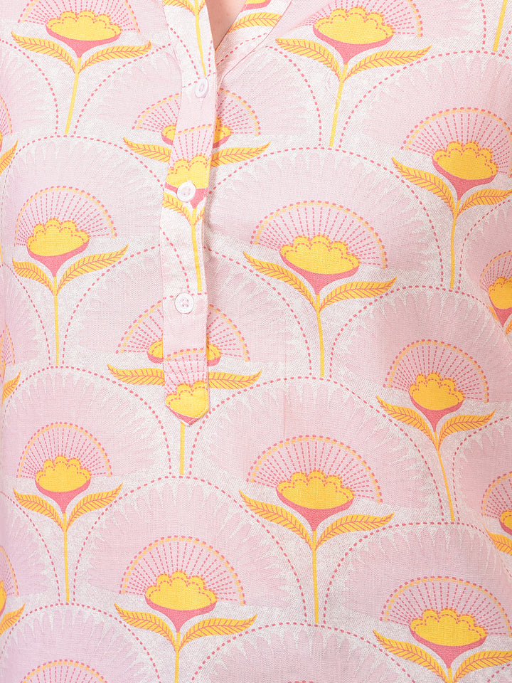 Women's Yellow Floral Print V-Neck Linen Top-Women Tops-Crimsoune Club