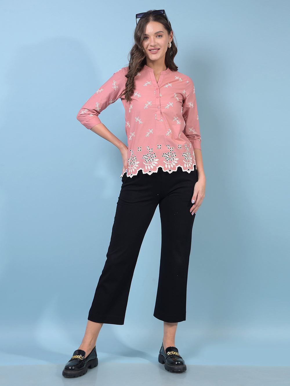 Women's Pink Embroidered 100% Cotton V-Neck Top-Women Tops-Crimsoune Club