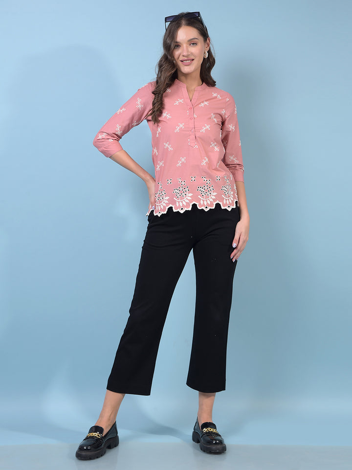 Women's Pink Embroidered 100% Cotton V-Neck Top-Women Tops-Crimsoune Club