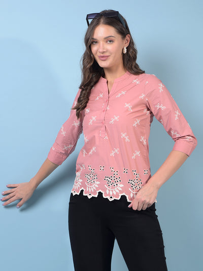 Women's Pink Embroidered 100% Cotton V-Neck Top-Women Tops-Crimsoune Club
