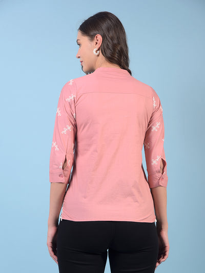 Women's Pink Embroidered 100% Cotton V-Neck Top-Women Tops-Crimsoune Club