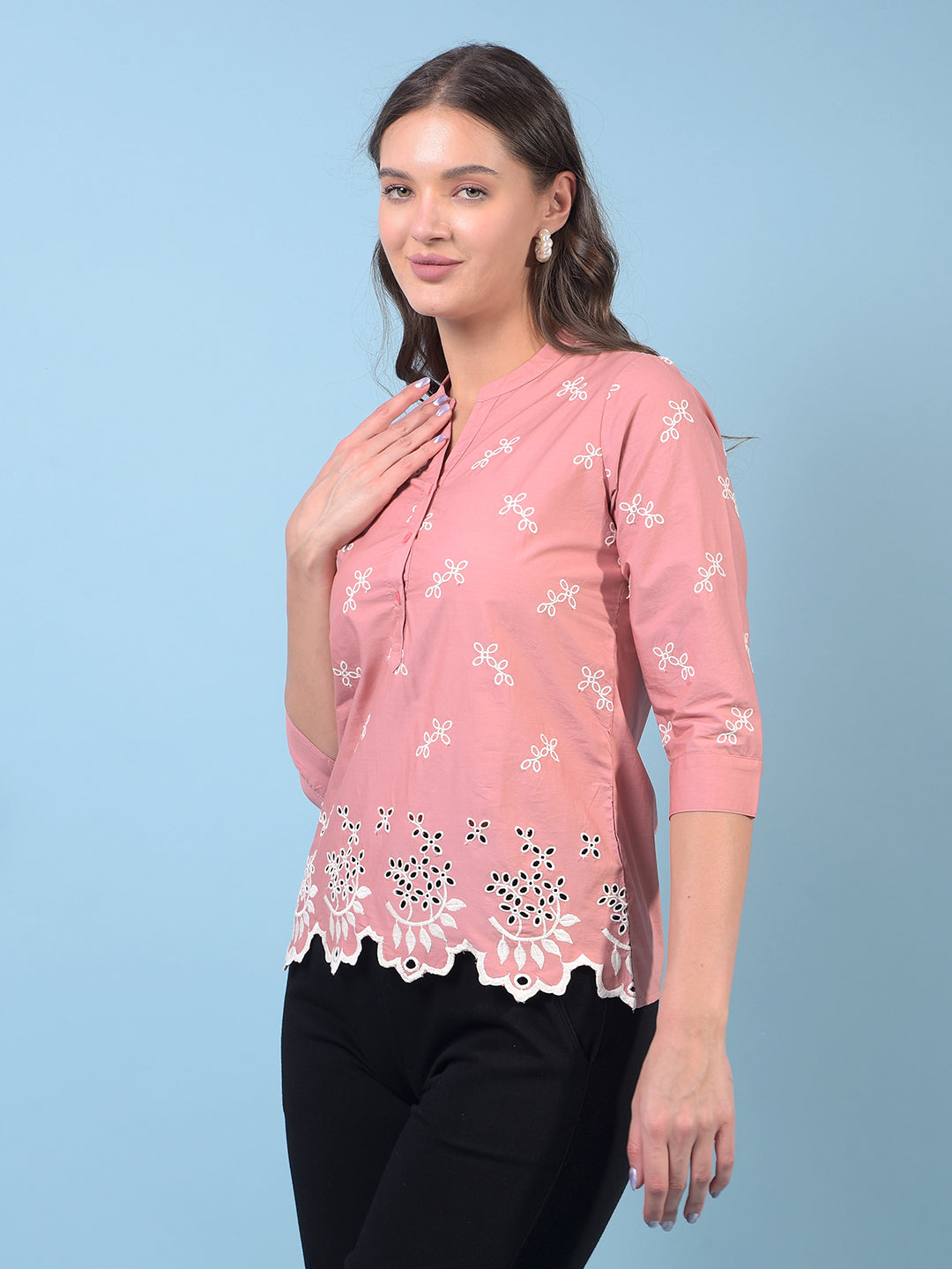 Women's Pink Embroidered 100% Cotton V-Neck Top-Women Tops-Crimsoune Club