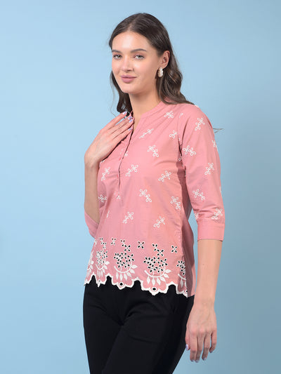 Women's Pink Embroidered 100% Cotton V-Neck Top-Women Tops-Crimsoune Club