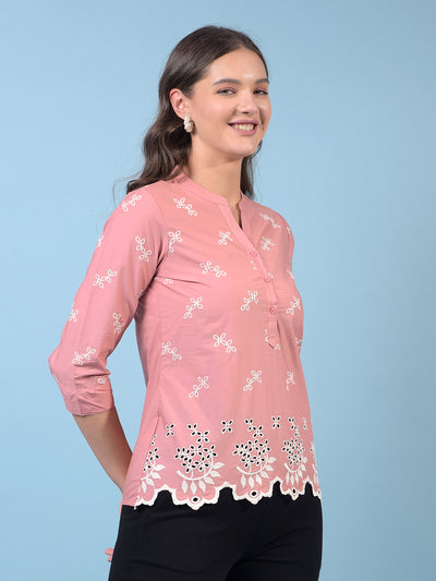 Women's Pink Embroidered 100% Cotton V-Neck Top-Women Tops-Crimsoune Club