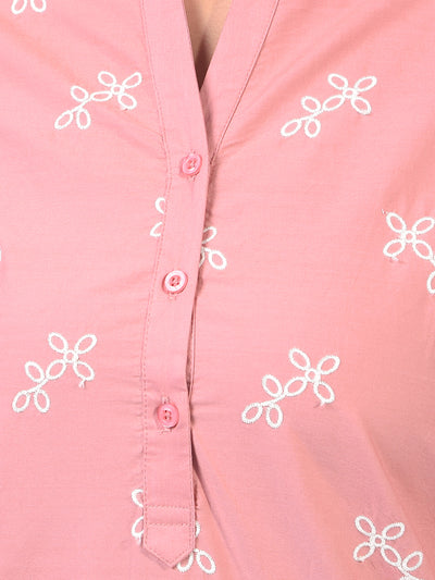 Women's Pink Embroidered 100% Cotton V-Neck Top-Women Tops-Crimsoune Club