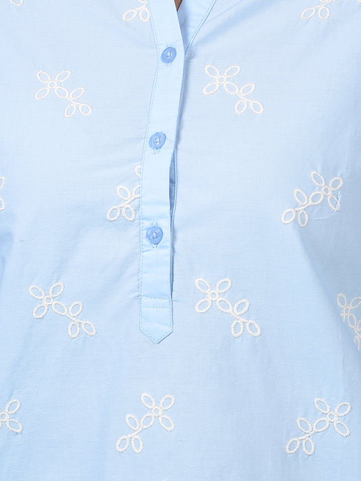 Women's Blue Embroidered 100% Cotton V-Neck Top-Women Tops-Crimsoune Club
