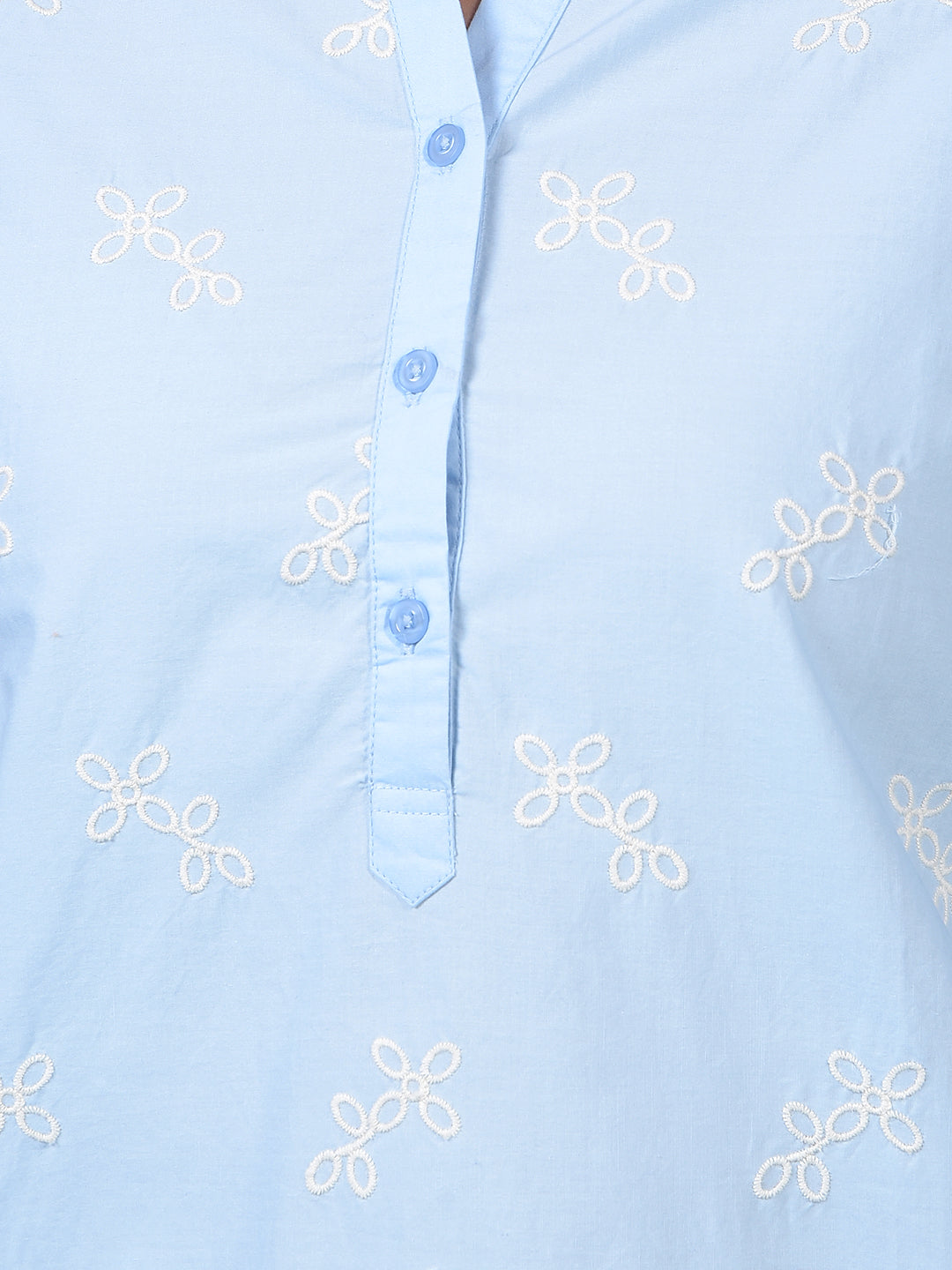 Women's Blue Embroidered 100% Cotton V-Neck Top-Women Tops-Crimsoune Club