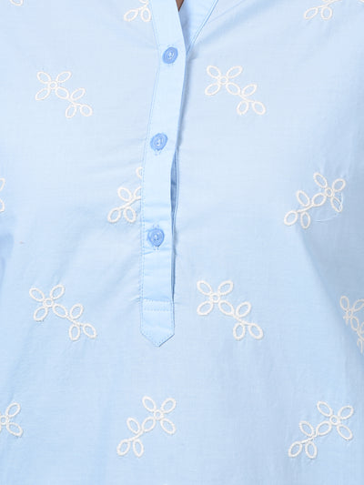 Women's Blue Embroidered 100% Cotton V-Neck Top-Women Tops-Crimsoune Club