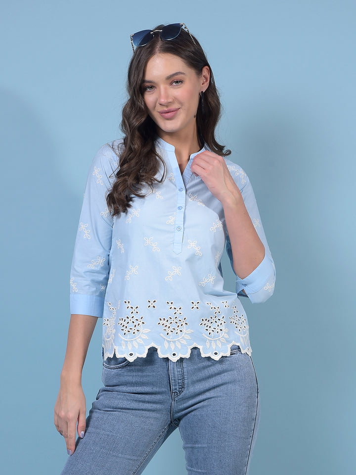 Women's Blue Embroidered 100% Cotton V-Neck Top-Women Tops-Crimsoune Club