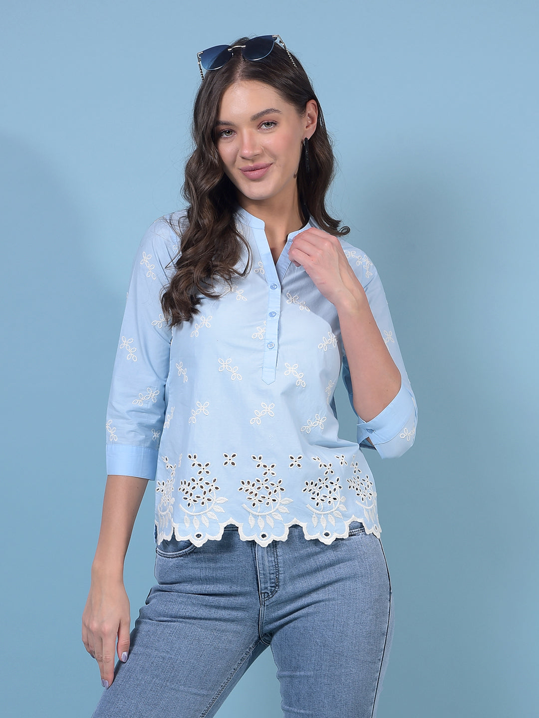 Women's Blue Embroidered 100% Cotton V-Neck Top-Women Tops-Crimsoune Club