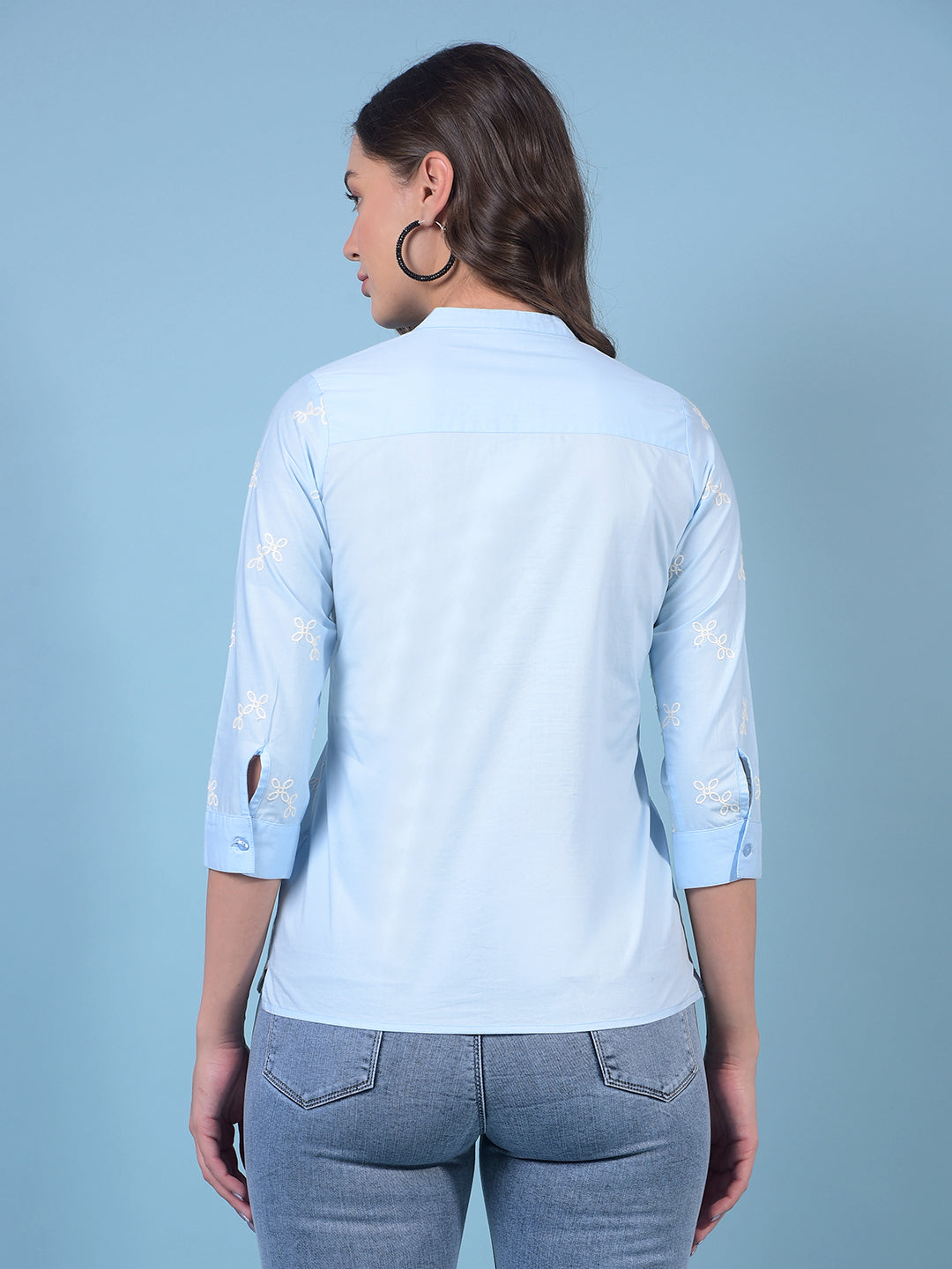 Women's Blue Embroidered 100% Cotton V-Neck Top-Women Tops-Crimsoune Club