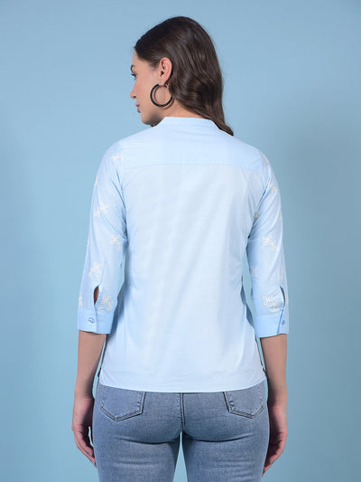 Women's Blue Embroidered 100% Cotton V-Neck Top-Women Tops-Crimsoune Club