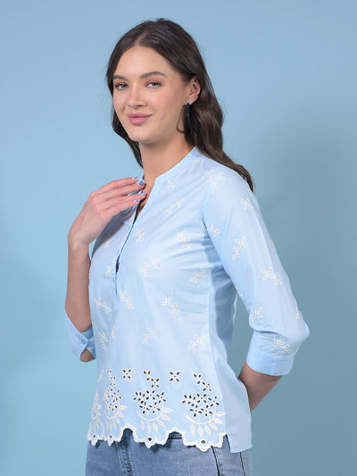 Women's Blue Embroidered 100% Cotton V-Neck Top-Women Tops-Crimsoune Club
