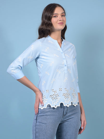 Women's Blue Embroidered 100% Cotton V-Neck Top-Women Tops-Crimsoune Club
