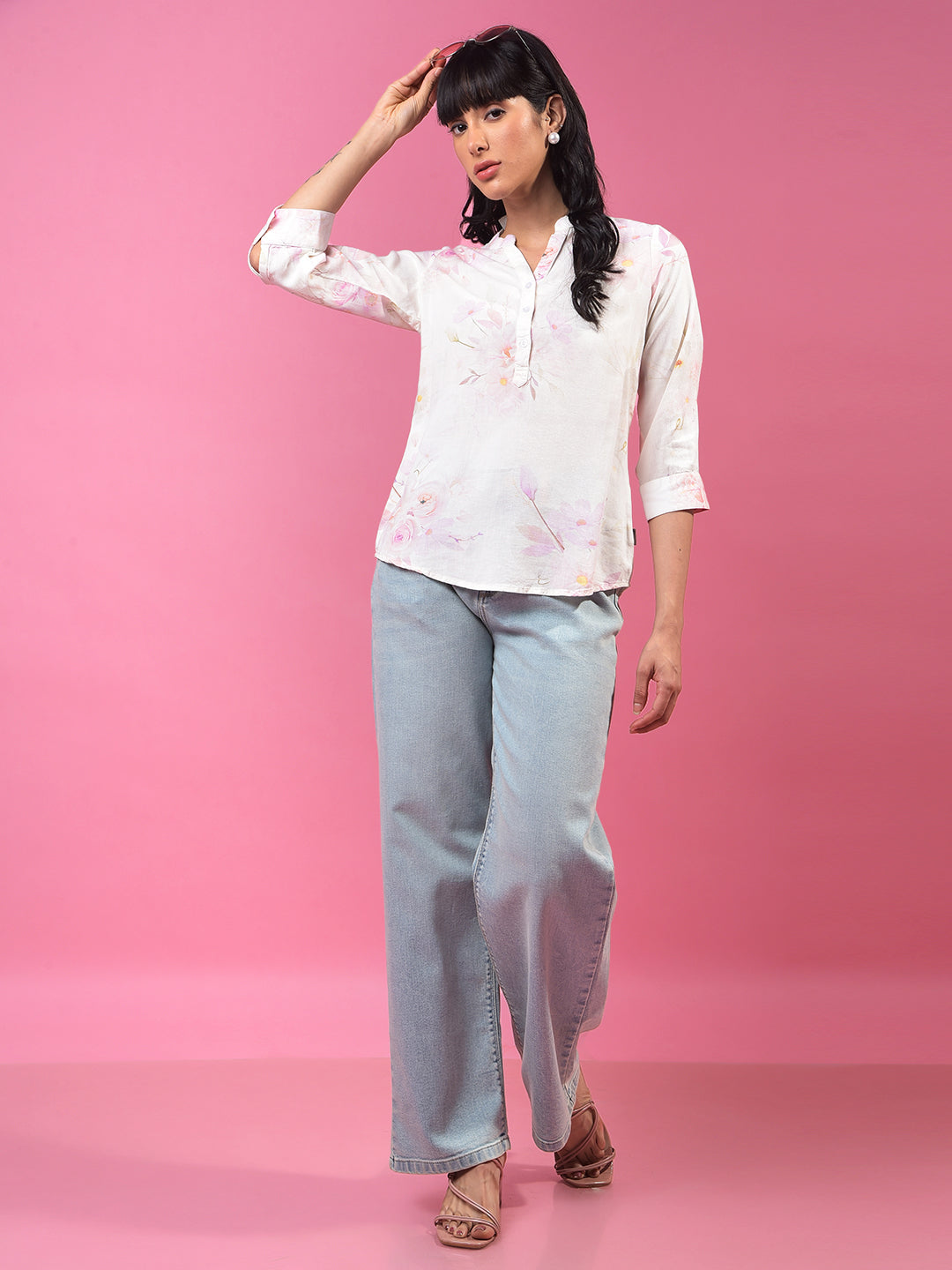 Peach Floral Print V-Neck Linen Top-Women Tops-Crimsoune Club