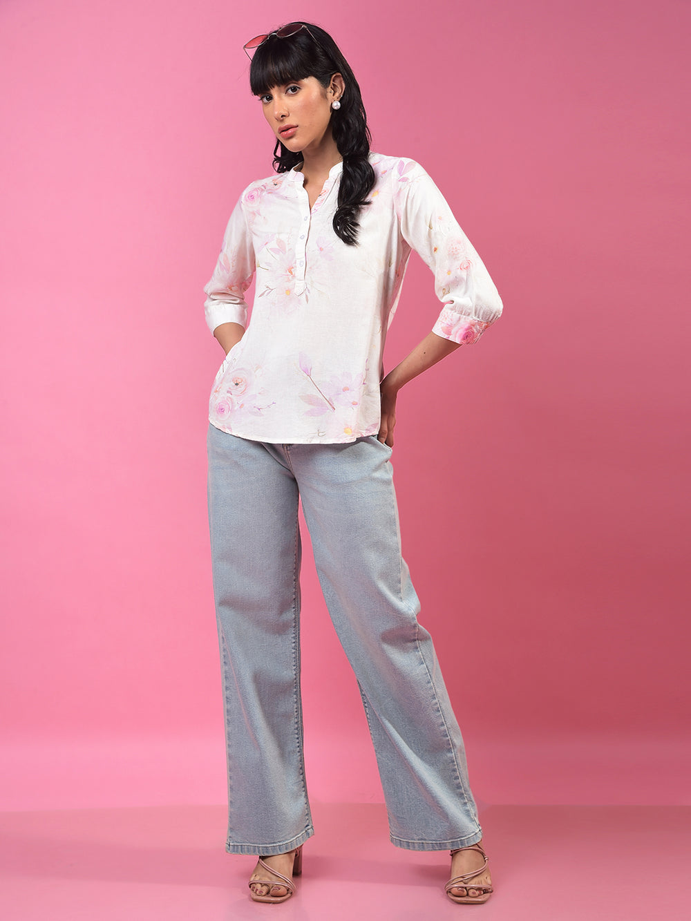 Peach Floral Print V-Neck Linen Top-Women Tops-Crimsoune Club