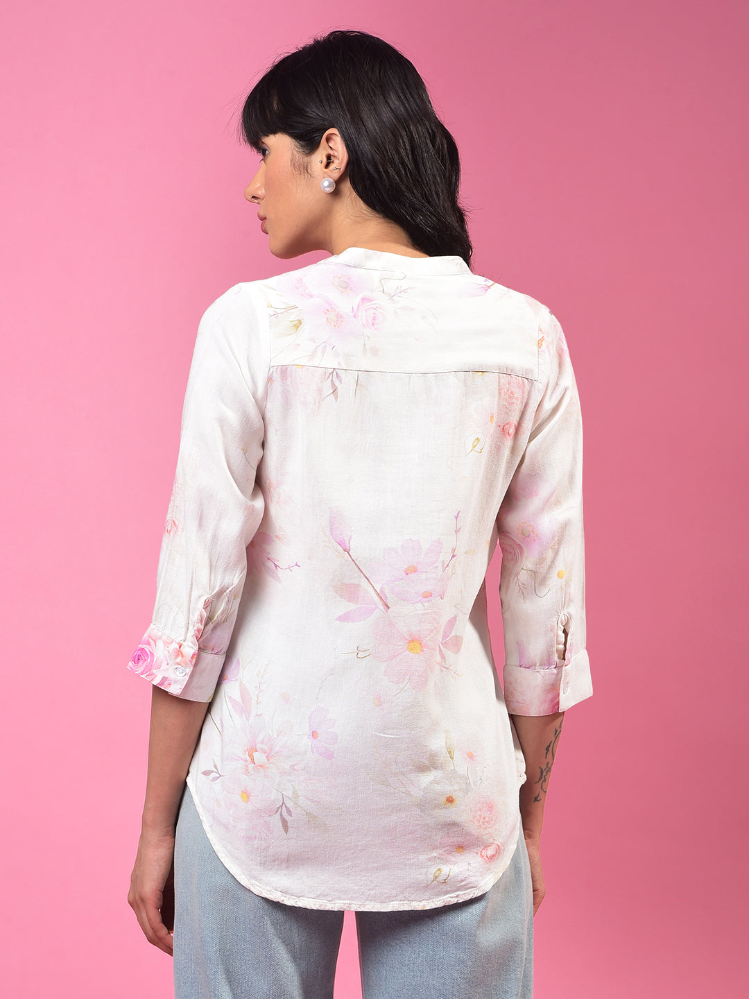 Peach Floral Print V-Neck Linen Top-Women Tops-Crimsoune Club