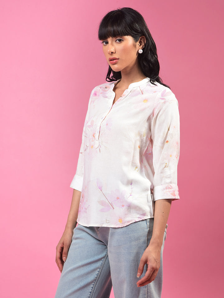 Peach Floral Print V-Neck Linen Top-Women Tops-Crimsoune Club