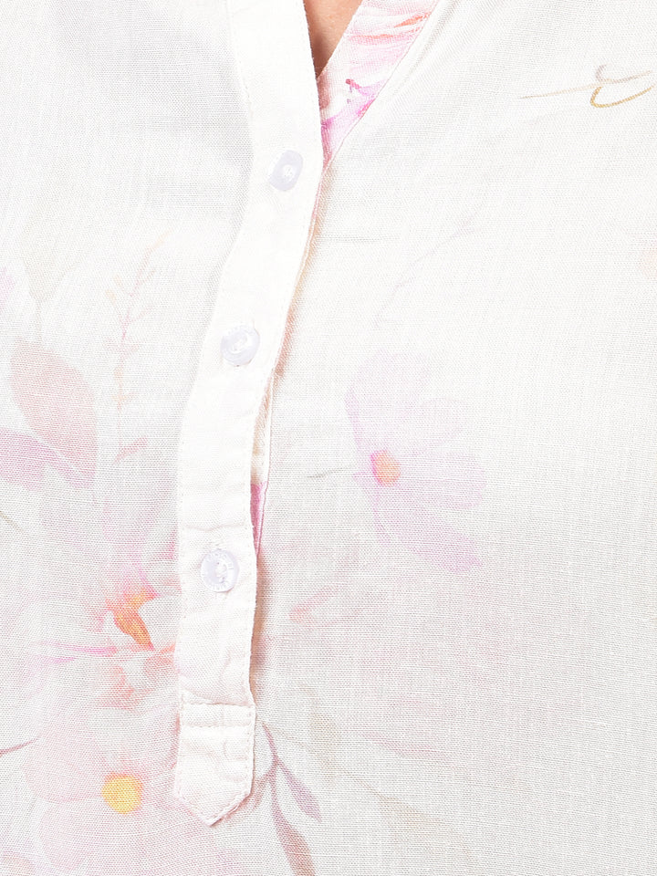 Peach Floral Print V-Neck Linen Top-Women Tops-Crimsoune Club