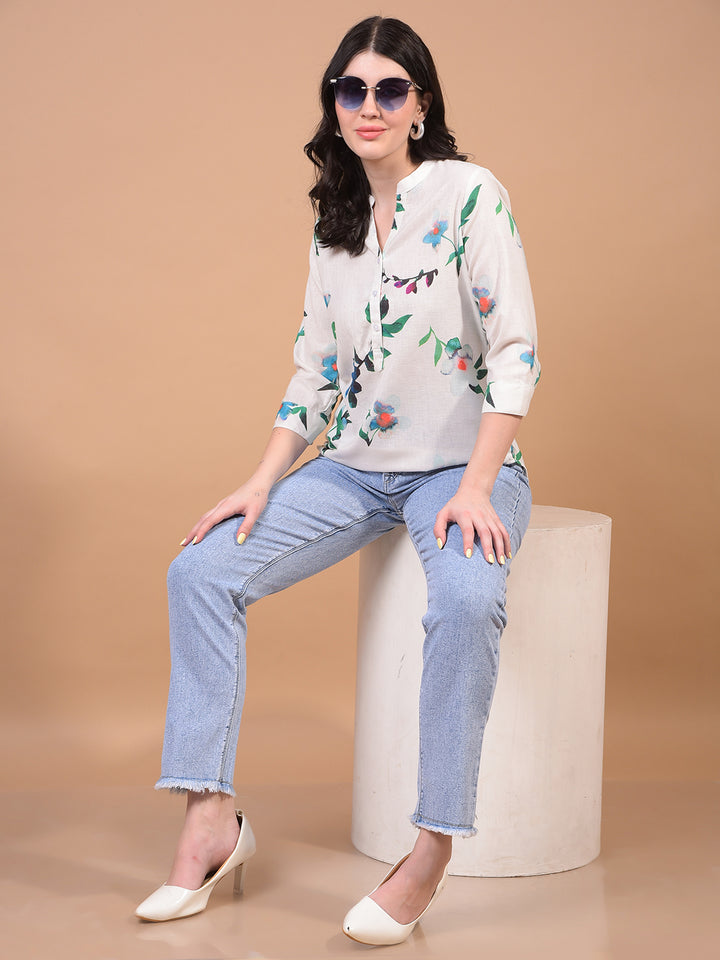 Women's Green Floral Print V-Neck Top-Women Tops-Crimsoune Club