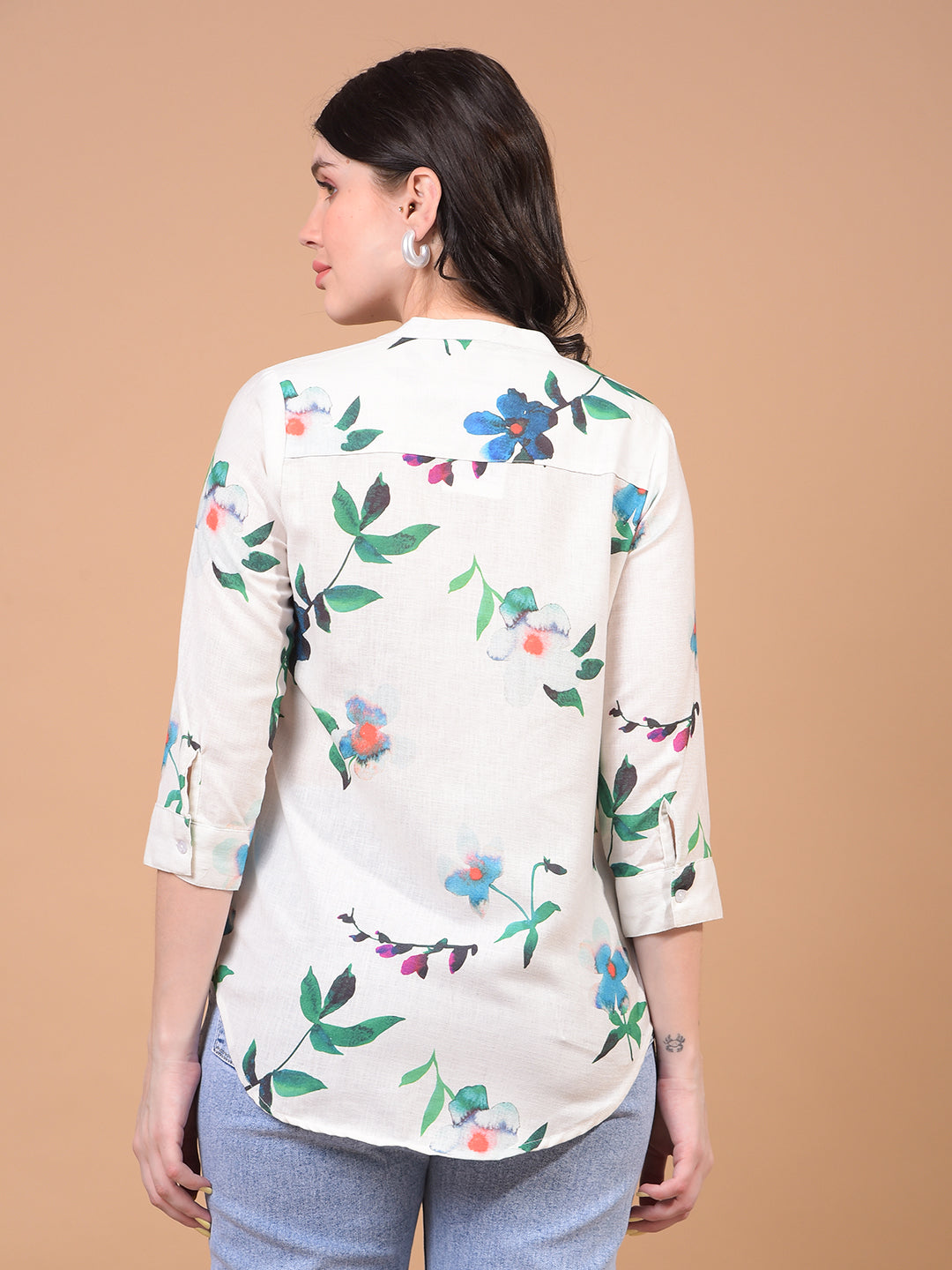 Women's Green Floral Print V-Neck Top-Women Tops-Crimsoune Club