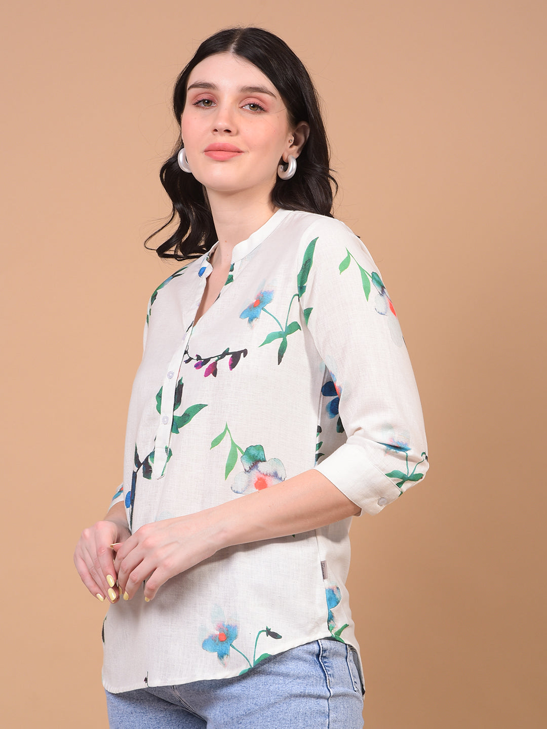 Women's Green Floral Print V-Neck Top-Women Tops-Crimsoune Club