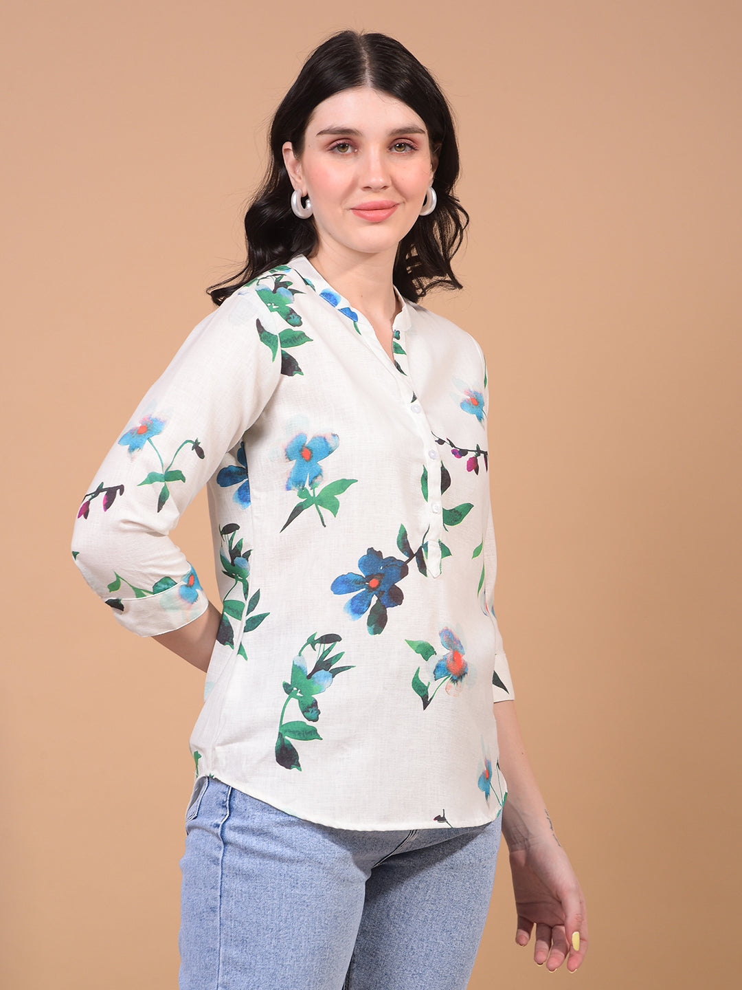 Women's Green Floral Print V-Neck Top-Women Tops-Crimsoune Club