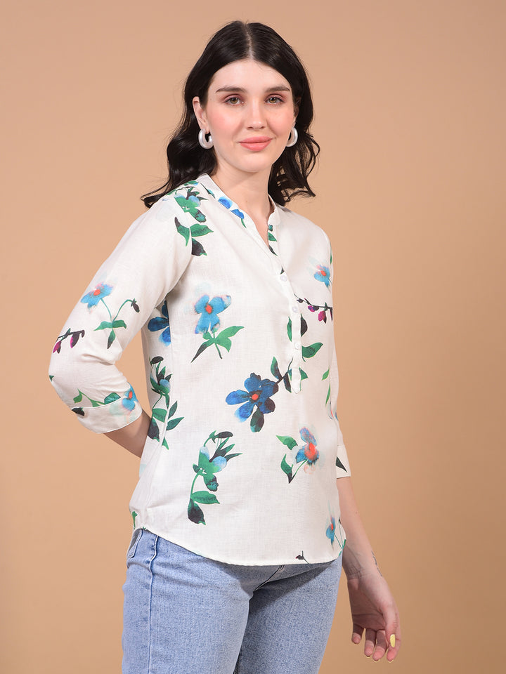 Women's Green Floral Print V-Neck Top-Women Tops-Crimsoune Club