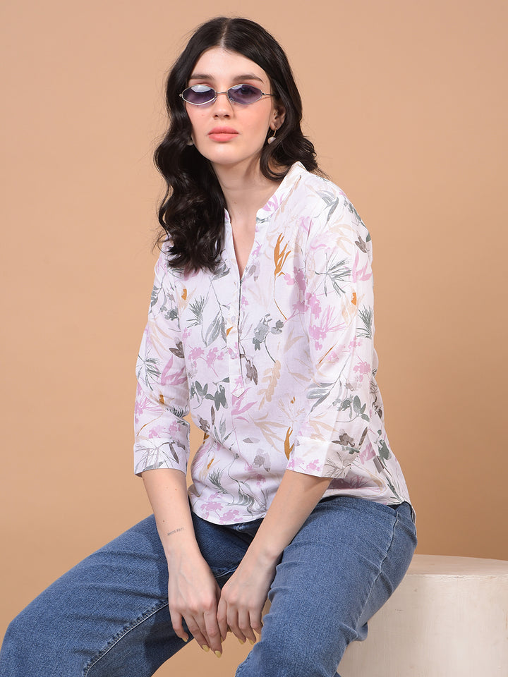 Women's Green Floral Print V-Neck Linen Top-Women Tops-Crimsoune Club
