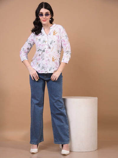 Women's Green Floral Print V-Neck Linen Top-Women Tops-Crimsoune Club