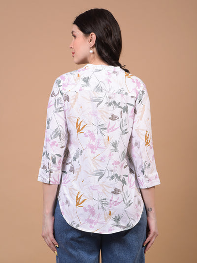 Women's Green Floral Print V-Neck Linen Top-Women Tops-Crimsoune Club