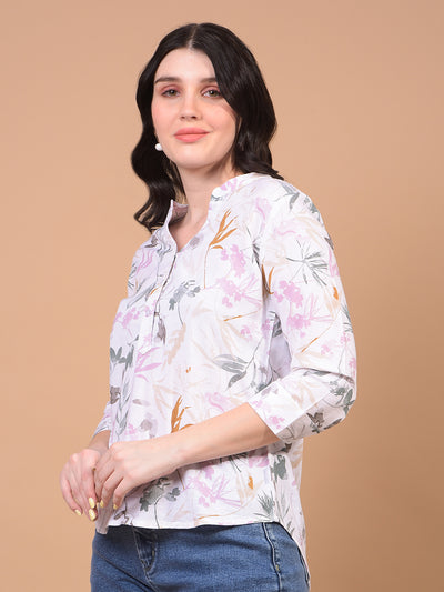 Women's Green Floral Print V-Neck Linen Top-Women Tops-Crimsoune Club