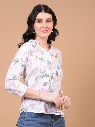 Women's Green Floral Print V-Neck Linen Top-Women Tops-Crimsoune Club