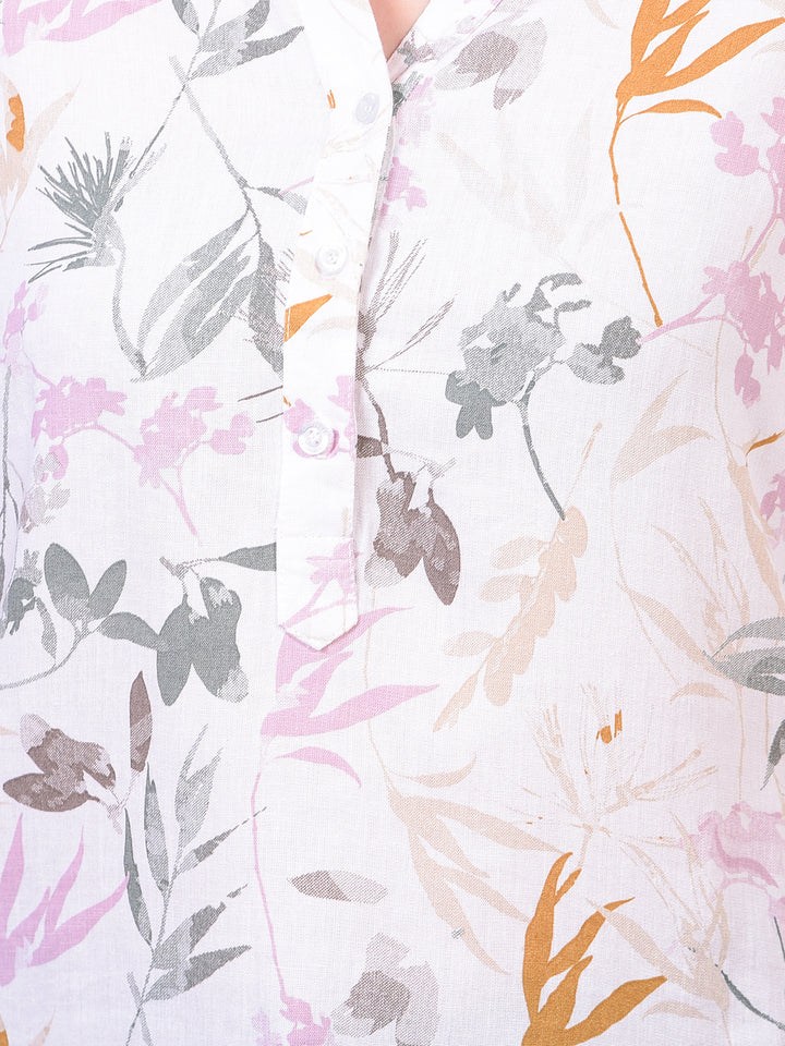 Women's Green Floral Print V-Neck Linen Top-Women Tops-Crimsoune Club