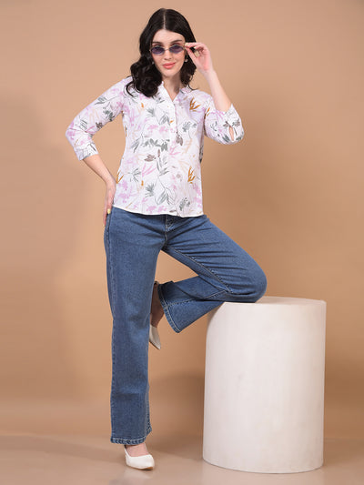 Women's Green Floral Print V-Neck Linen Top-Women Tops-Crimsoune Club