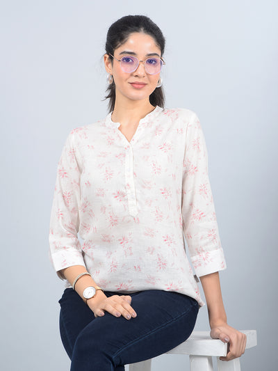 Peach Floral Print V-Neck Linen Top-Women Tops-Crimsoune Club