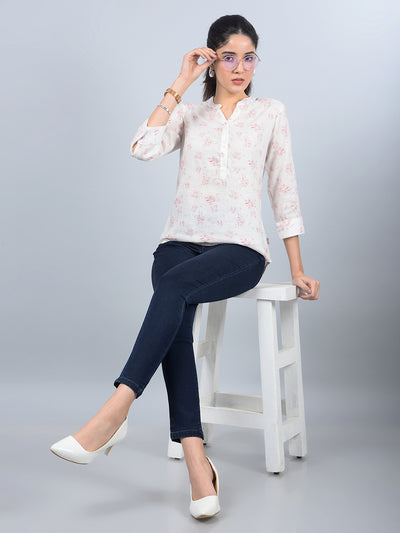 Peach Floral Print V-Neck Linen Top-Women Tops-Crimsoune Club