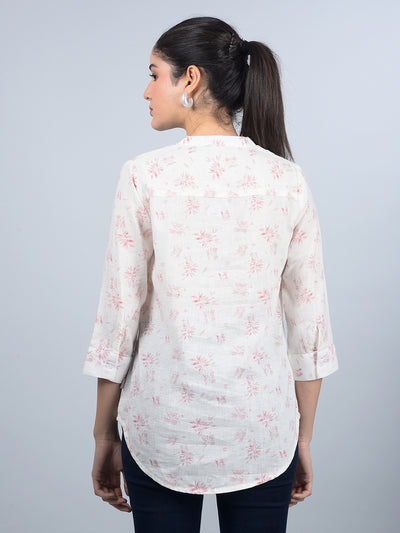 Peach Floral Print V-Neck Linen Top-Women Tops-Crimsoune Club