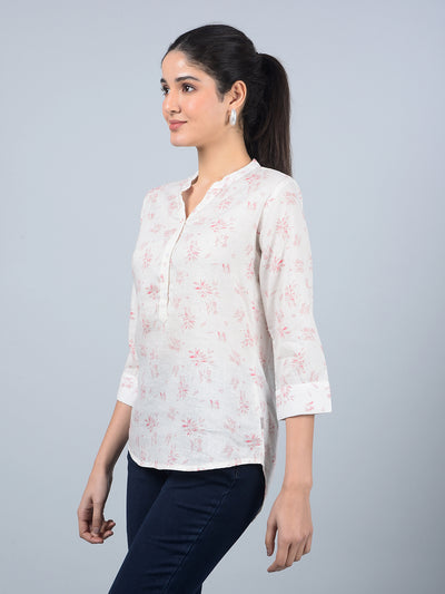Peach Floral Print V-Neck Linen Top-Women Tops-Crimsoune Club