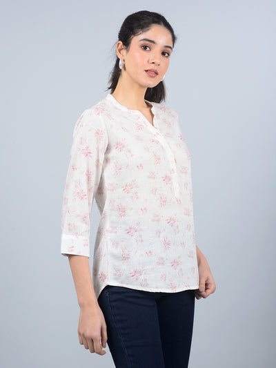 Peach Floral Print V-Neck Linen Top-Women Tops-Crimsoune Club