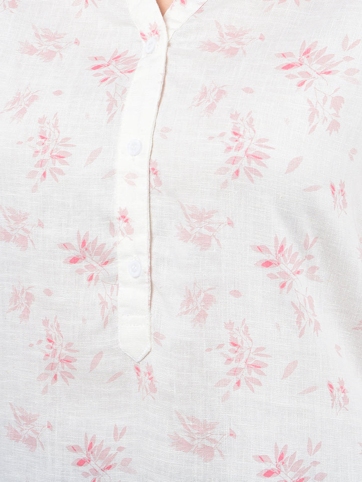 Peach Floral Print V-Neck Linen Top-Women Tops-Crimsoune Club